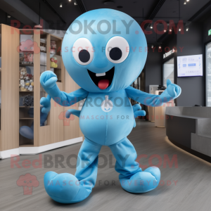 Sky Blue Octopus mascot costume character dressed with a Jumpsuit and Shoe clips