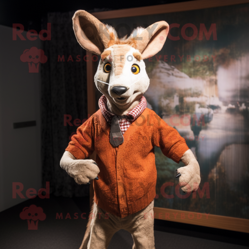 Rust Kangaroo mascot costume character dressed with a Sweater and Tie pins Rust Kangaroo mascot costume character dressed with a Sweater and Tie pins