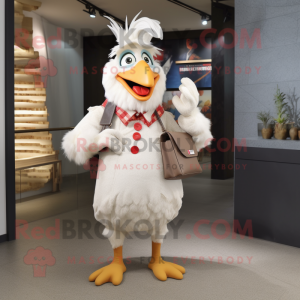 White Roosters mascot costume character dressed with a Dungarees and Wallets