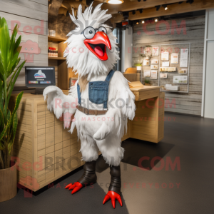 White Roosters mascot costume character dressed with a Dungarees and Wallets