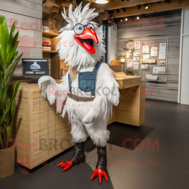 White Roosters mascot costume character dressed with a Dungarees and Wallets White Roosters mascot costume character dressed with a Dungarees and Wallets