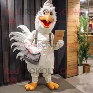 White Roosters mascot costume character dressed with a Dungarees and Wallets