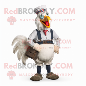 White Roosters mascot costume character dressed with a Dungarees and Wallets