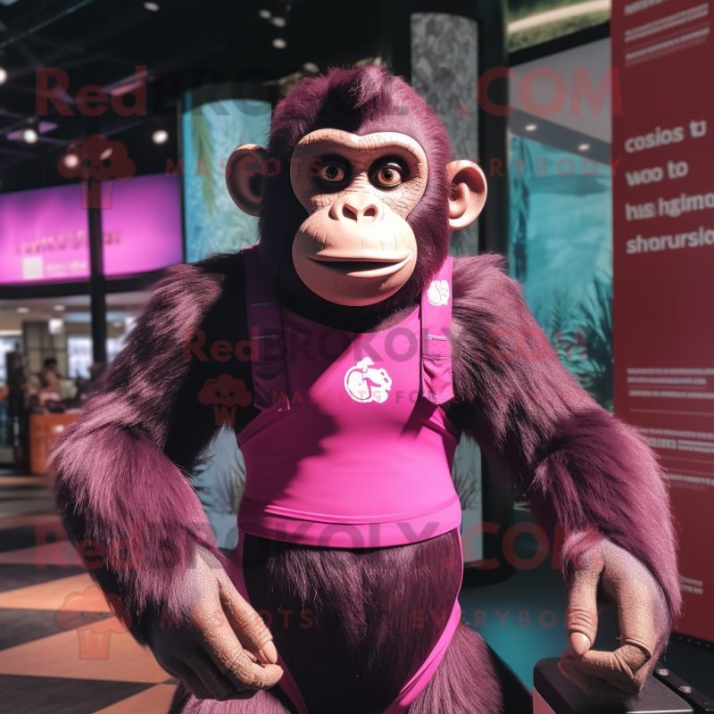 Magenta Chimpanzee mascot costume character dressed with a Bikini and Suspenders