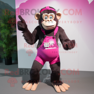 Magenta Chimpanzee mascot costume character dressed with a Bikini and Suspenders