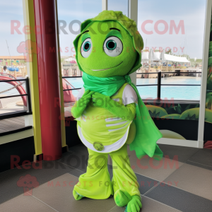 Lime Green Mermaid mascot costume character dressed with a Poplin Shirt and Scarves