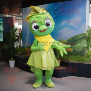 Lime Green Mermaid mascot costume character dressed with a Poplin Shirt and Scarves