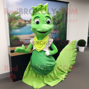 Lime Green Mermaid mascot costume character dressed with a Poplin Shirt and Scarves