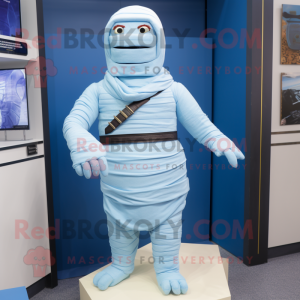 Sky Blue Mummy mascot costume character dressed with a Suit and Belts