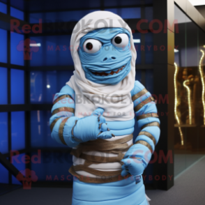 Sky Blue Mummy mascot costume character dressed with a Suit and Belts