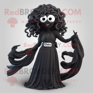 Black Medusa mascot costume character dressed with a Maxi Skirt and Scarf clips
