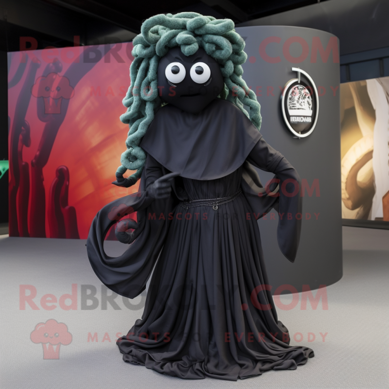 Black Medusa mascot costume character dressed with a Maxi Skirt and Scarf clips