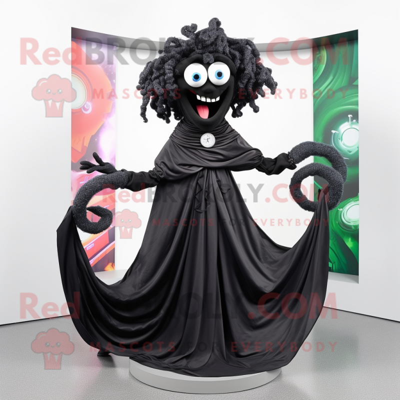 Black Medusa mascot costume character dressed with a Maxi Skirt and Scarf clips Black Medusa mascot costume character dressed with a Maxi Skirt and Scarf clips