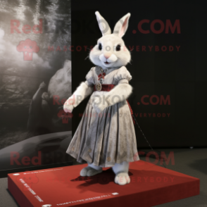 Silver Wild Rabbit mascot costume character dressed with a Skirt and Shawl pins