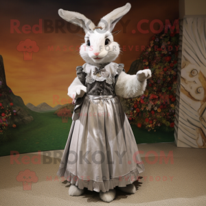 Silver Wild Rabbit mascot costume character dressed with a Skirt and Shawl pins