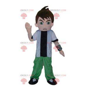 Teenager boy mascot in white green and black outfit -