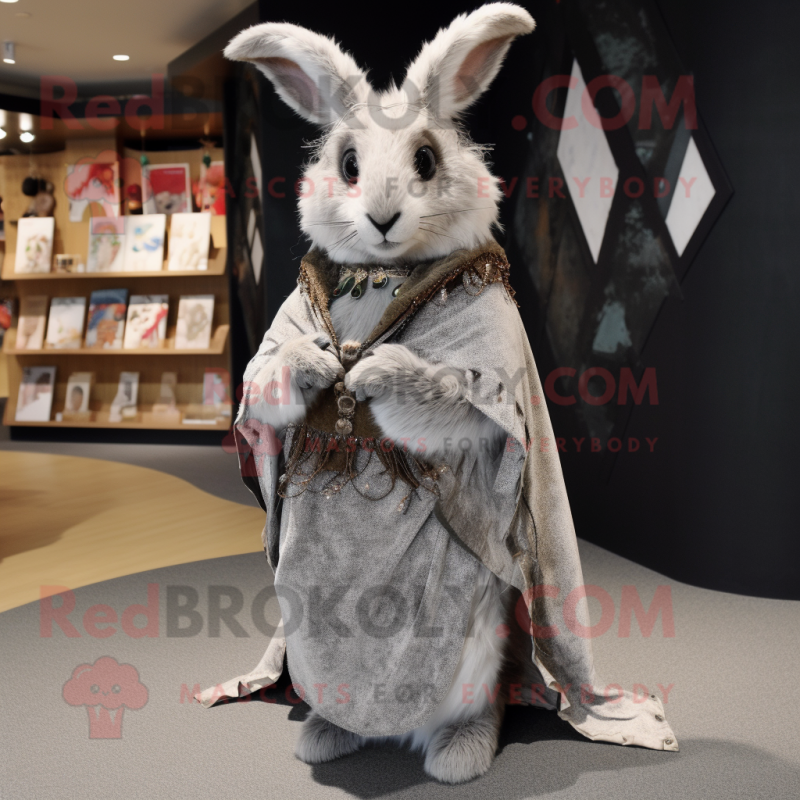 Silver Wild Rabbit mascot costume character dressed with a Skirt and Shawl pins