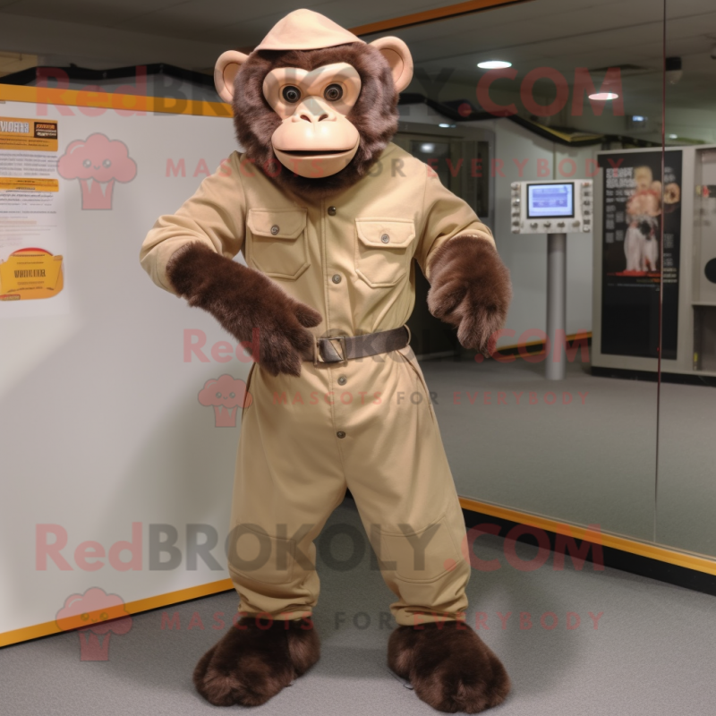 Tan Chimpanzee mascot costume character dressed with a Jumpsuit and Cummerbunds Tan Chimpanzee mascot costume character dressed with a Jumpsuit and Cummerbunds