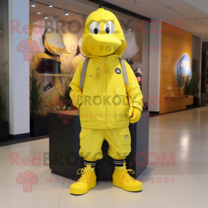 Yellow Air Force Soldier mascot costume character dressed with a Hoodie and Shoe clips