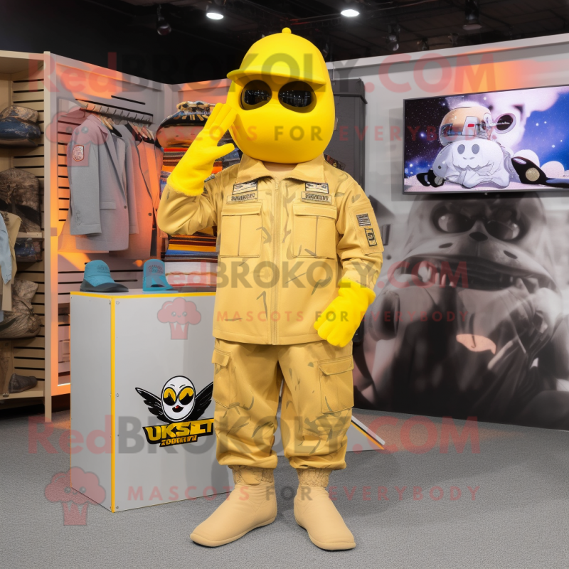 Yellow Air Force Soldier mascot costume character dressed with a Hoodie and Shoe clips