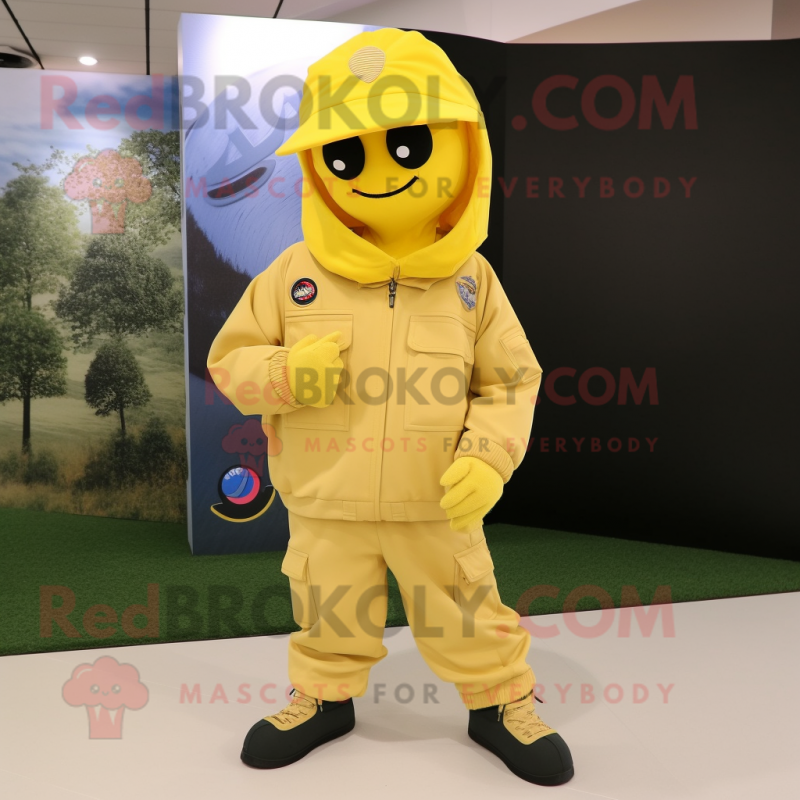 Yellow Air Force Soldier mascot costume character dressed with a Hoodie and Shoe clips