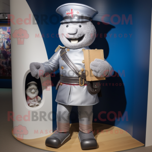 Silver British Royal Guard mascot costume character dressed with a Board Shorts and Wallets