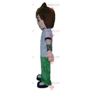Teenager boy mascot in white green and black outfit -