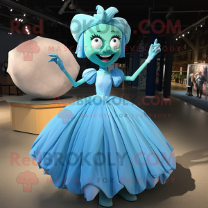 Cyan Tooth Fairy mascot costume character dressed with a Ball Gown and Cummerbunds