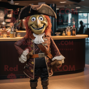Brown Pirate mascot costume character dressed with a Cocktail Dress and Lapel pins