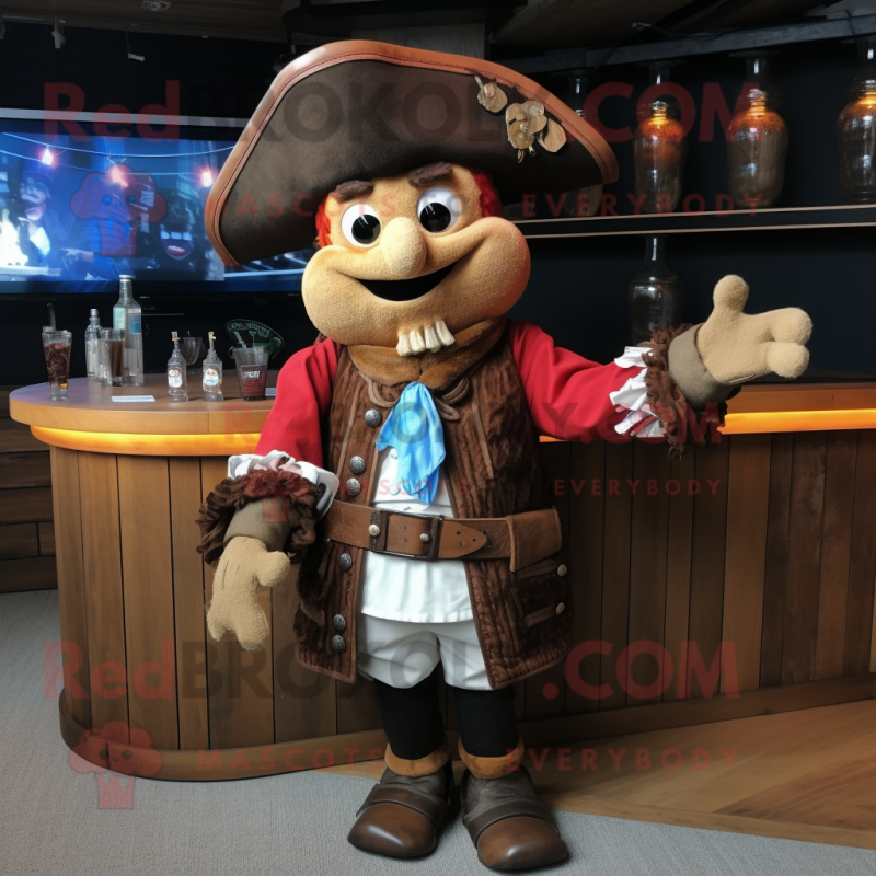 Brown Pirate mascot costume character dressed with a Cocktail Dress and Lapel pins