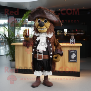 Brown Pirate mascot costume character dressed with a Cocktail Dress and Lapel pins