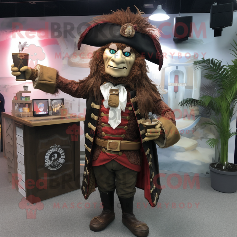 Brown Pirate mascot costume character dressed with a Cocktail Dress and Lapel pins