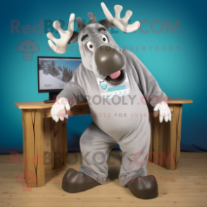 Silver Moose mascot costume character dressed with a Sweatshirt and Foot pads