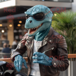 Cyan Velociraptor mascot costume character dressed with a Leather Jacket and Eyeglasses