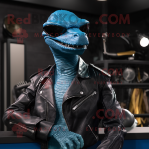 Cyan Velociraptor mascot costume character dressed with a Leather Jacket and Eyeglasses