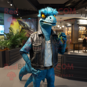Cyan Velociraptor mascot costume character dressed with a Leather Jacket and Eyeglasses