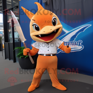 Orange Swordfish mascot costume character dressed with a V-Neck Tee and Ties