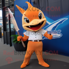 Orange Swordfish mascot costume character dressed with a V-Neck Tee and Ties