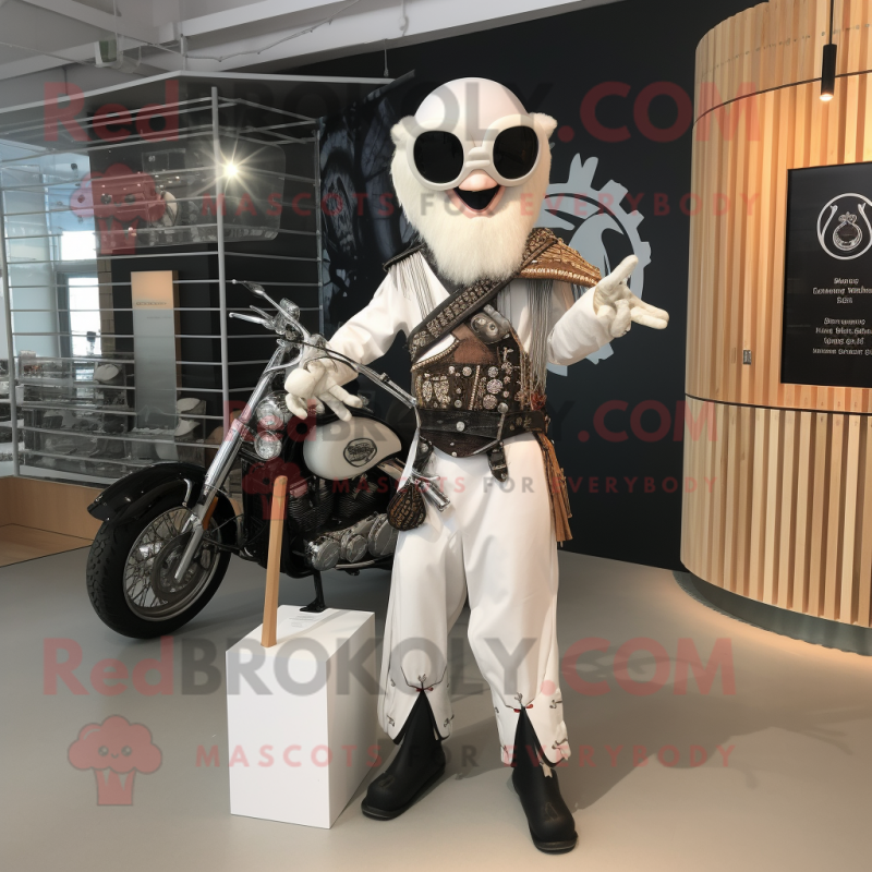 White Celtic Harp mascot costume character dressed with a Moto Jacket and Cummerbunds
