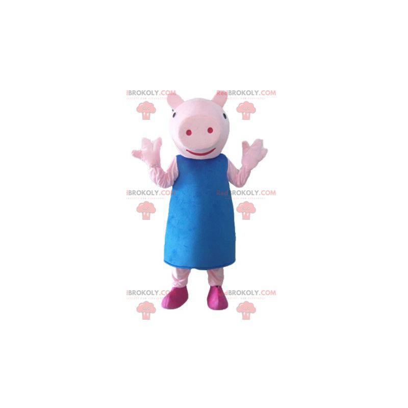 Rosa Schweinemaskottchen mit einem blauen Kleid - Redbrokoly.com