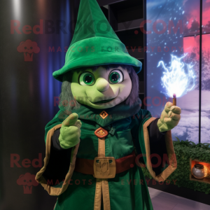 Forest Green Wizard mascot costume character dressed with a Bomber Jacket and Hats