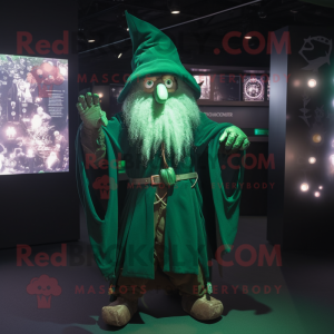 Forest Green Wizard mascot costume character dressed with a Bomber Jacket and Hats