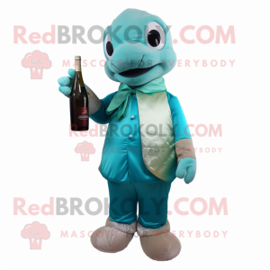 Cyan Champagne mascot costume character dressed with a Turtleneck and Mittens