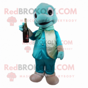 Cyan Champagne mascot costume character dressed with a Turtleneck and Mittens