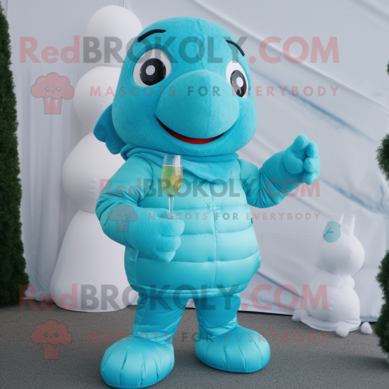 Cyan Champagne mascot costume character dressed with a Turtleneck and Mittens Cyan Champagne mascot costume character dressed with a Turtleneck and Mittens