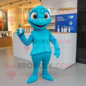 Cyan Champagne mascot costume character dressed with a Turtleneck and Mittens