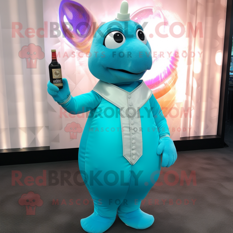 Cyan Champagne mascot costume character dressed with a Turtleneck and Mittens Cyan Champagne mascot costume character dressed with a Turtleneck and Mittens