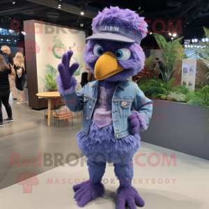 Lavender Chicken Parmesan mascot costume character dressed with a Boyfriend Jeans and Hat pins