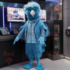 Sky Blue Vulture mascot costume character dressed with a Jumpsuit and Digital watches