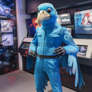 Sky Blue Vulture mascot costume character dressed with a Jumpsuit and Digital watches